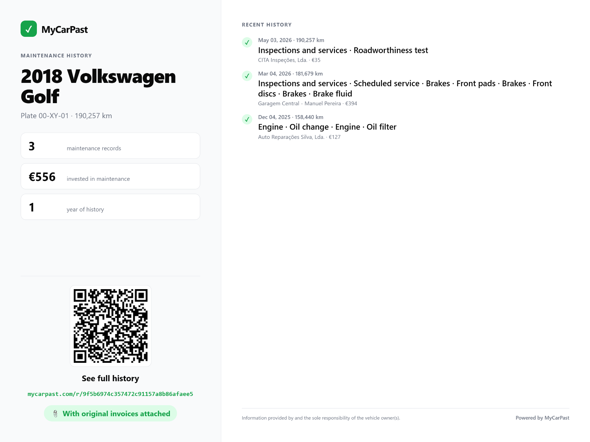 Real example of a MyCarPast maintenance history: 2018 Volkswagen Golf with 3 service entries, QR code, and public link for the buyer to verify.